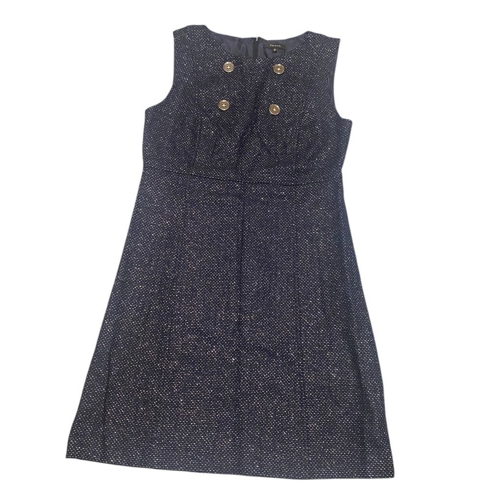 Tocca Navy Blue dress sparkle Fabric with Silver Button .shell, wool polyester.
